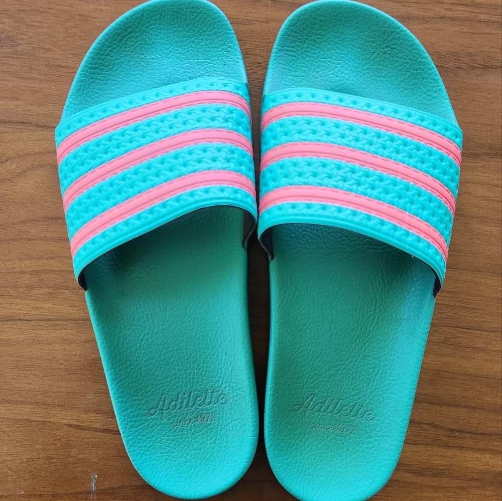 Adidas Teal and Pink Slides